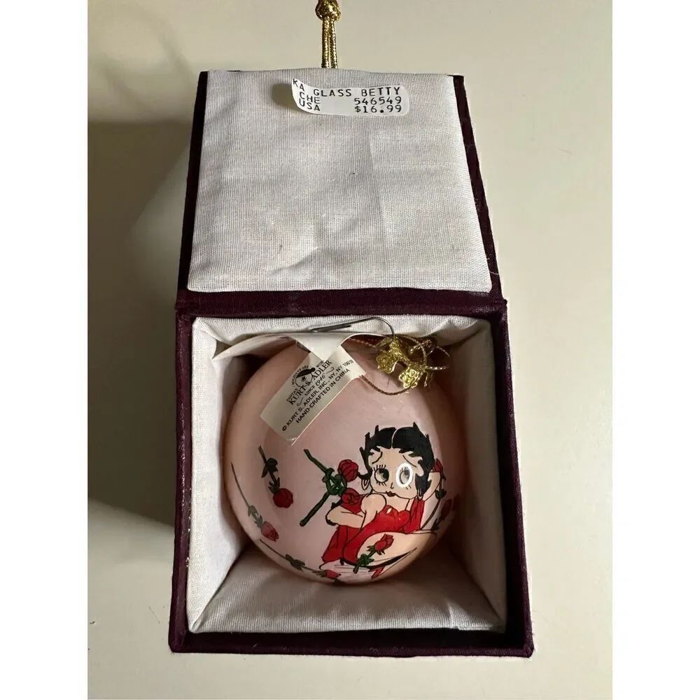 Vintage Collectible Betty Boop Glass Pink Roses Christmas Ornament Hand Painted